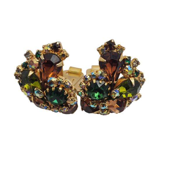 Hobe Earrings Vintage Clip On Rhinestone AB Green Amber Signed Statement Vintage - Picture 4 of 10
